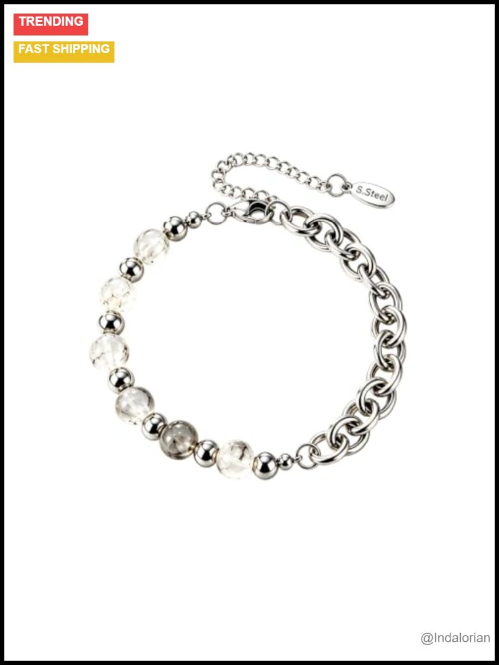 Stainless Steel Natural Crystal Bead Bracelet Cuban Link Chain Unisex